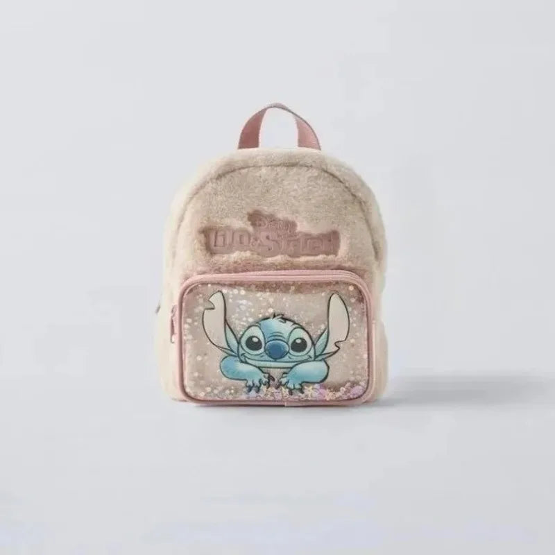 A light pink, fuzzy backpack featuring a cute blue Stitch design.