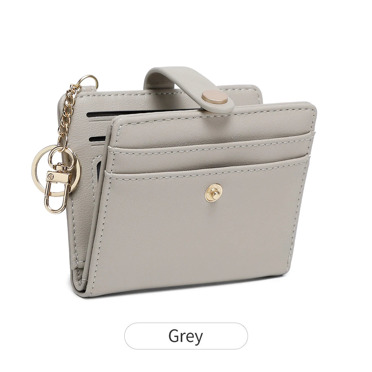 A light grey RFID shielded women's bi-fold credit card wallet with a gold chain detail.