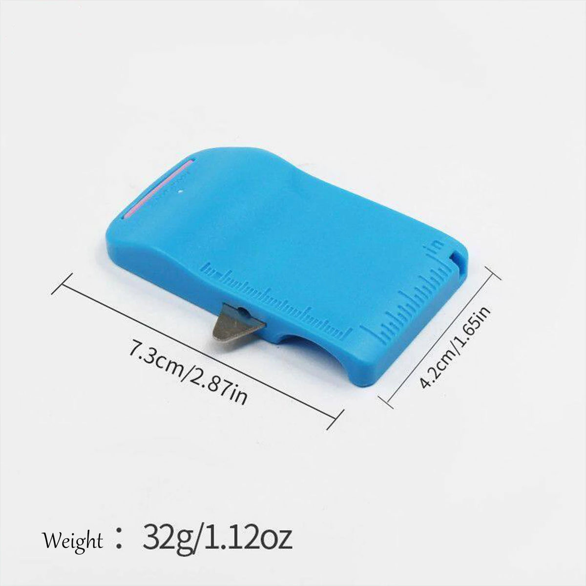 A blue magnetic sewing guide gauge with a ruler and seam ripper tool.