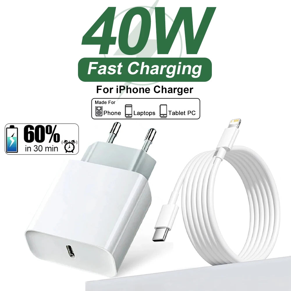 A white 40W fast charging block and cable for iPhone, laptops, and tablets is shown.