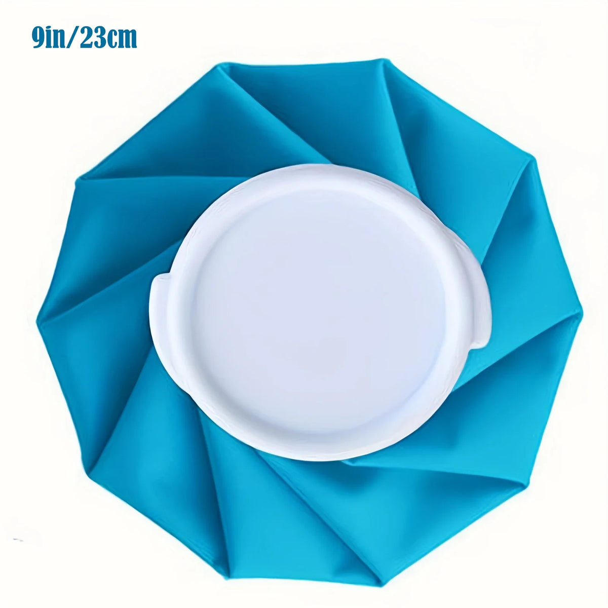 A reusable ice pack with a secure wrap, folded in a teal color, shown from above.