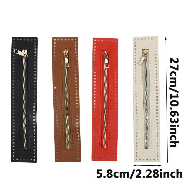 A set of three leather zippers in black, brown, and red for handbags and sewing projects.