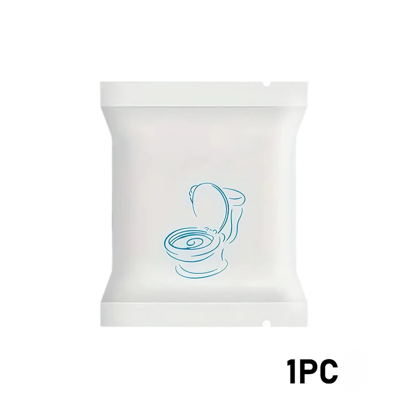 A single disposable toilet seat cover is shown in a white plastic wrapper.