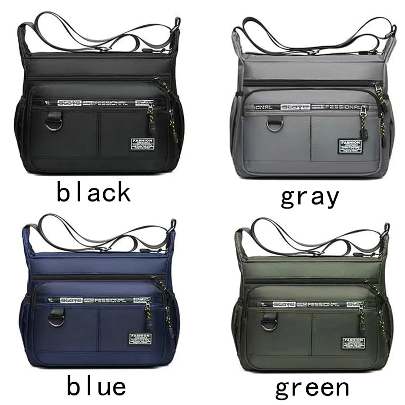 A set of men's business crossbody bags in black, gray, blue, and green.