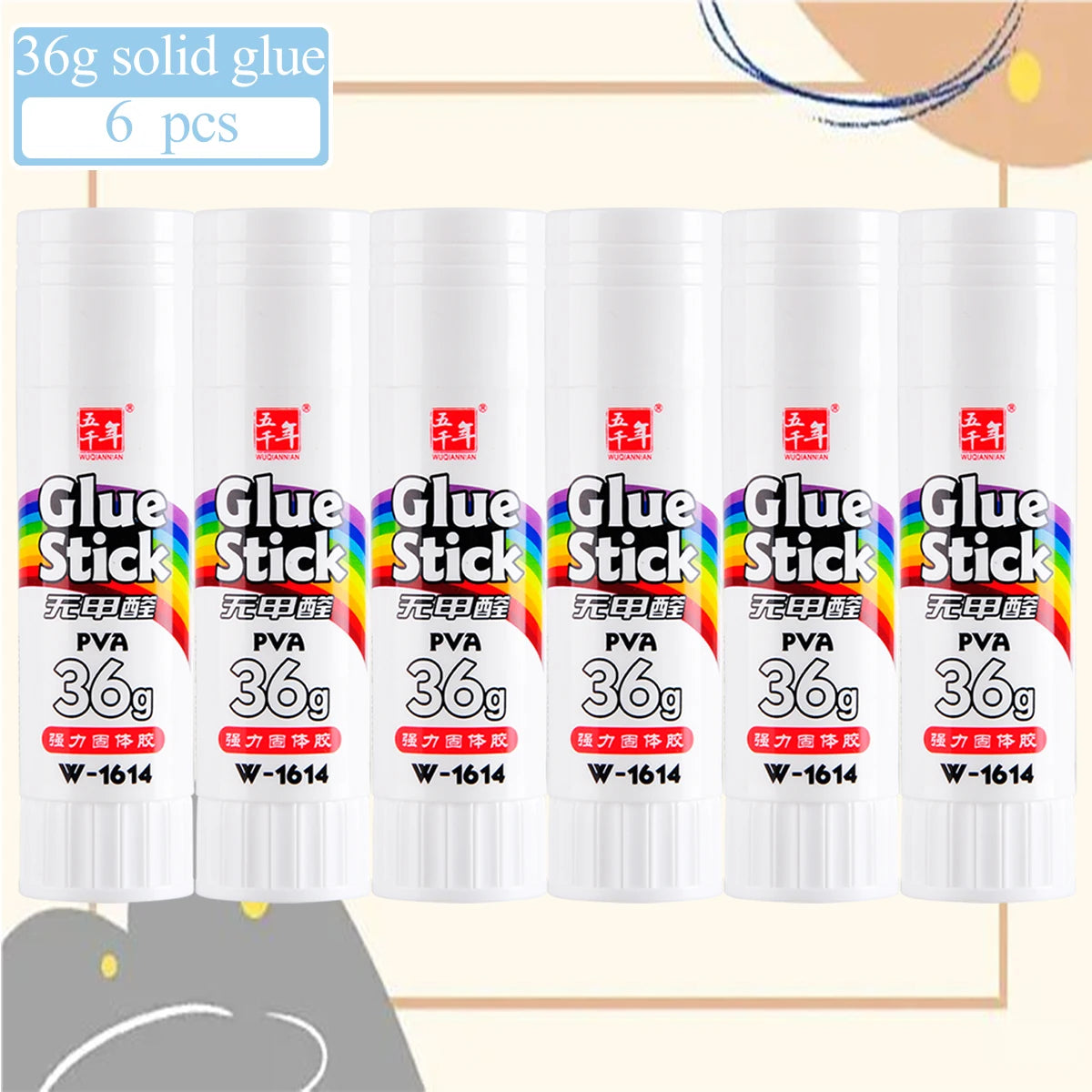 Six packs of 36g solid glue sticks in various colors and packaging for crafts and office use