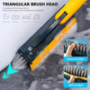 Yellow triangular brush head on a long handle used for scraping and brushing stains.