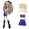 A fashion doll outfit featuring a purple dress, gold lace trim, and black boots, with accessories including a crocheted shawl