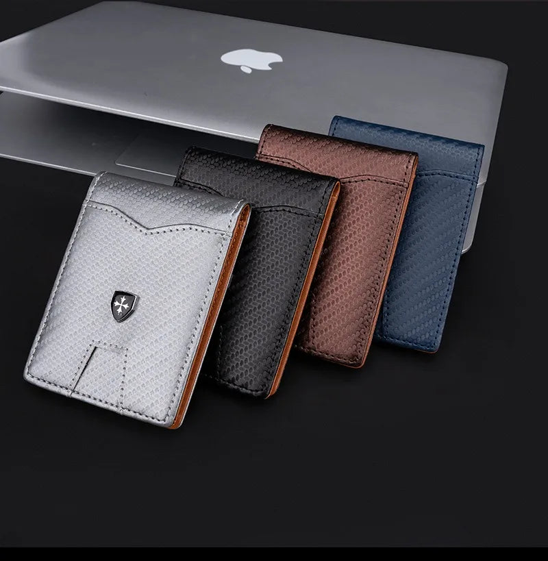 A collection of slim RFID-blocking wallets in various colors including gray, black, brown, and blue displayed on a laptop.