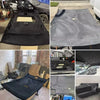 A variety of dark gray and black suede fabric headliner materials for car interior repair and customization.