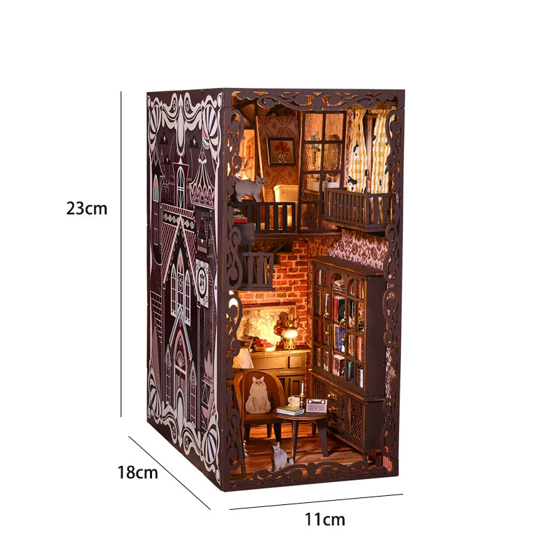 A miniature DIY book nook kit depicting a detailed, dark wood room scene with shelves and architectural elements.