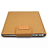 A tan felt laptop sleeve case with a leather flap and a silver laptop inside.