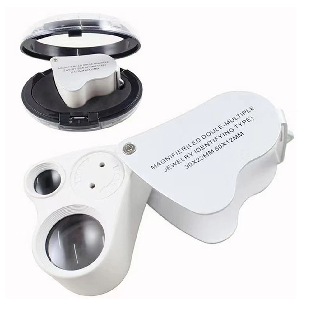 A white dual-magnification LED loupe with a foldable design shown in various components.