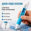 A hand holds an auto-feed system pen with a precision tip, demonstrating its continuous loading feature.