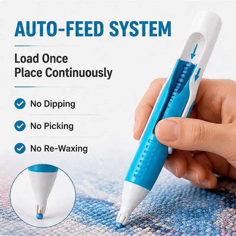 A hand holds an auto-feed system pen with a precision tip, demonstrating its continuous loading feature.