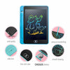 A blue and black LCD writing tablet showing a drawing of an elephant, with various features highlighted.