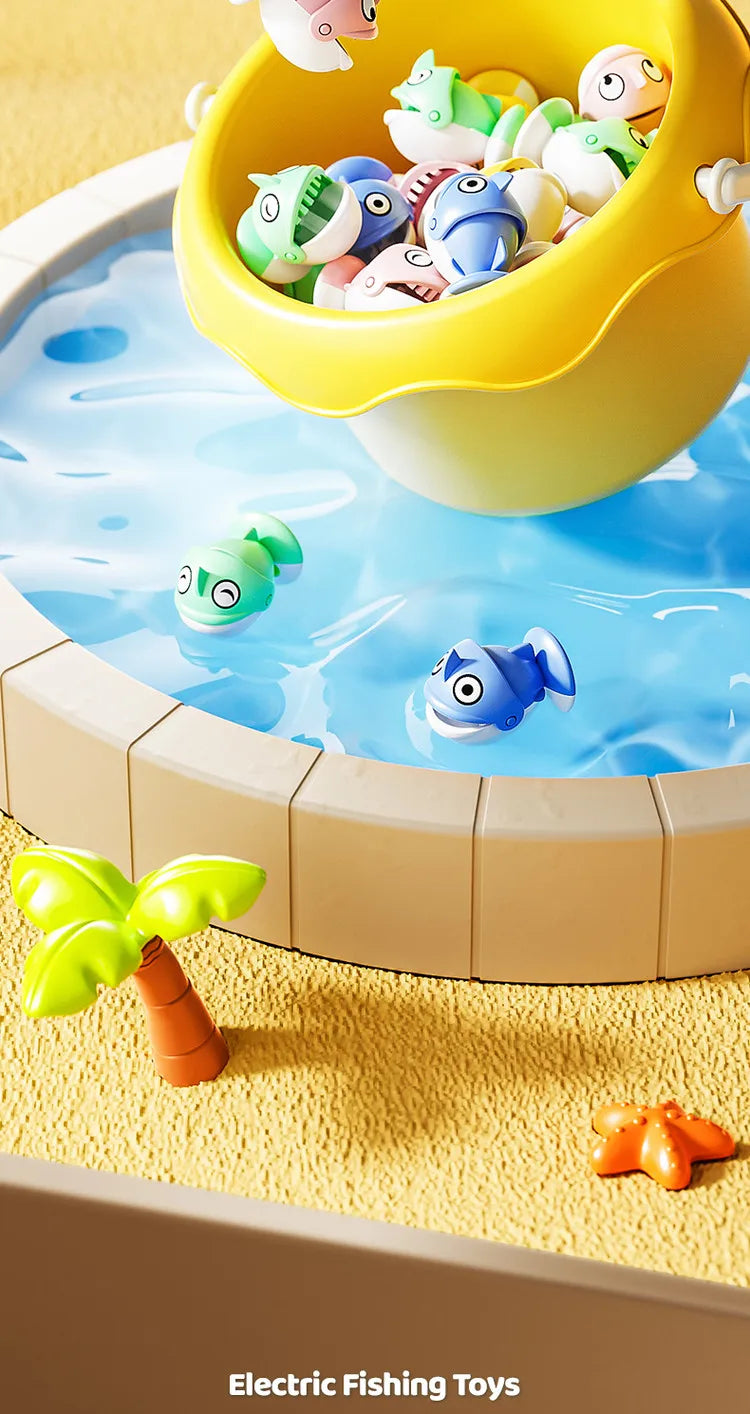 A yellow plastic bucket filled with colorful plastic fish is shown above a shallow pool of blue water.