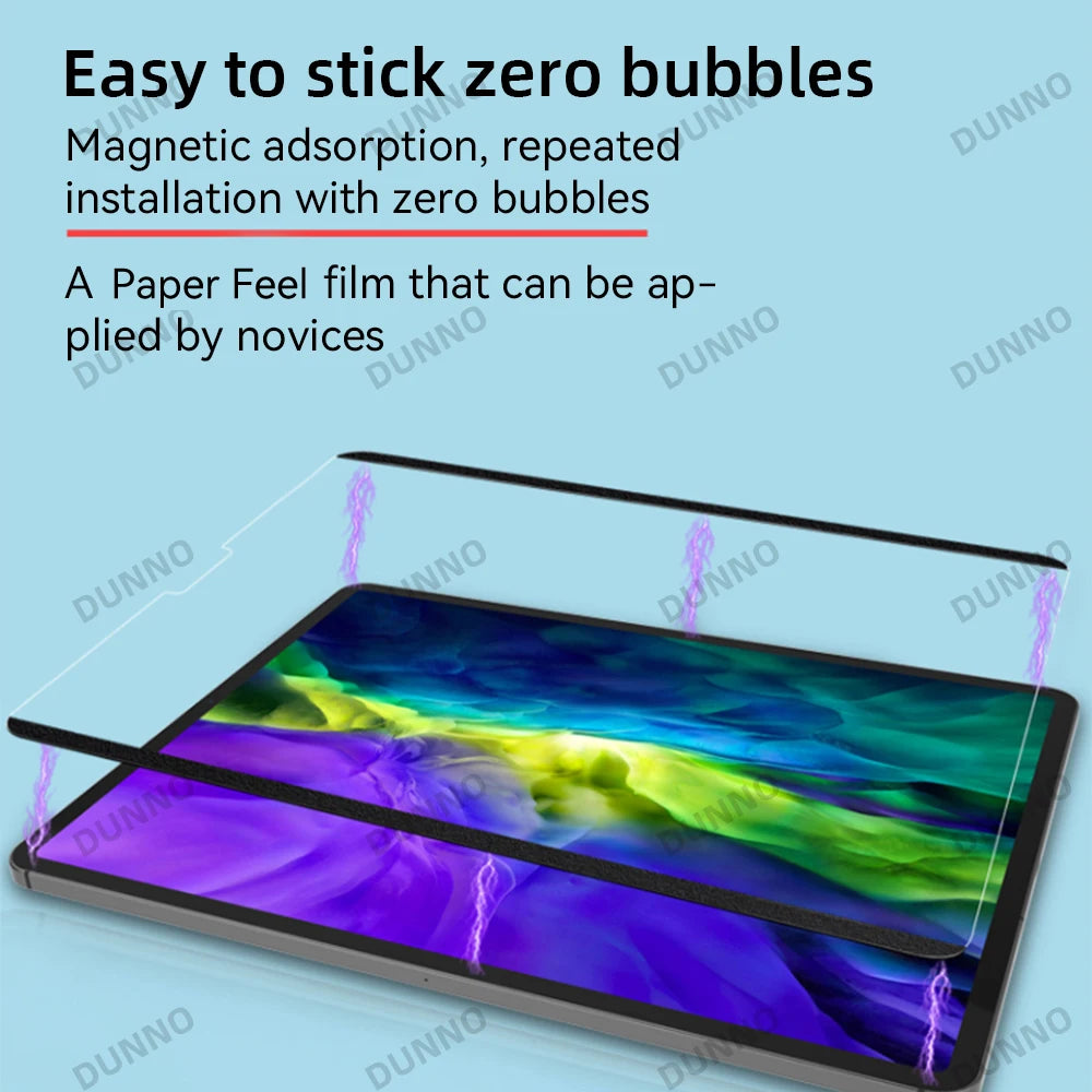 A magnetic paper feel screen protector is shown applied to an iPad display.