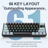 A close-up view of a 61 key layout mechanical keyboard with a black frame and various colored keys.