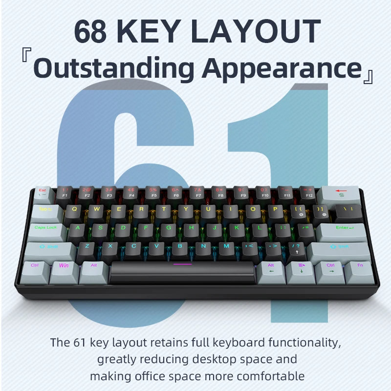 A close-up view of a 61 key layout mechanical keyboard with a black frame and various colored keys.