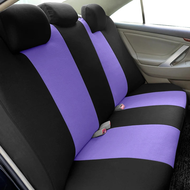 Car seat covers featuring black and purple honeycomb mesh fabric on a vehicle seat.