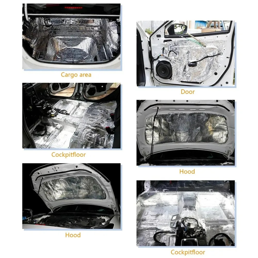 Various views of automotive sound deadening and heat insulation mats including cargo area, door, and hood.