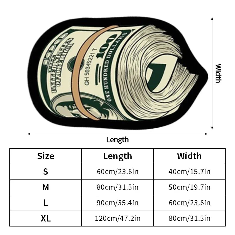 A rectangular print featuring a ten dollar bill on a black background, available in sizes S, M, L, and XL.
