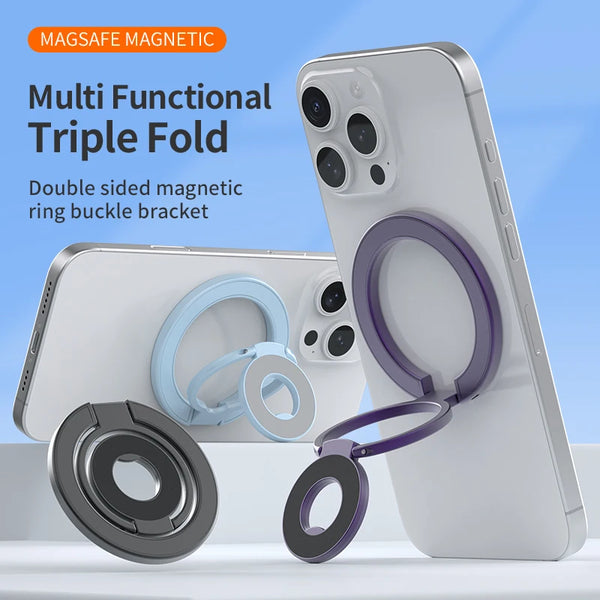 Weißes dreifach gefaltetes Telefon mit mehreren magnetischen Ringverschlüssen und einem separaten Magnethalter.