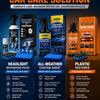 A 3-in-1 car care solution kit featuring headlight restoration polish, coating agent, and plastic restorer.