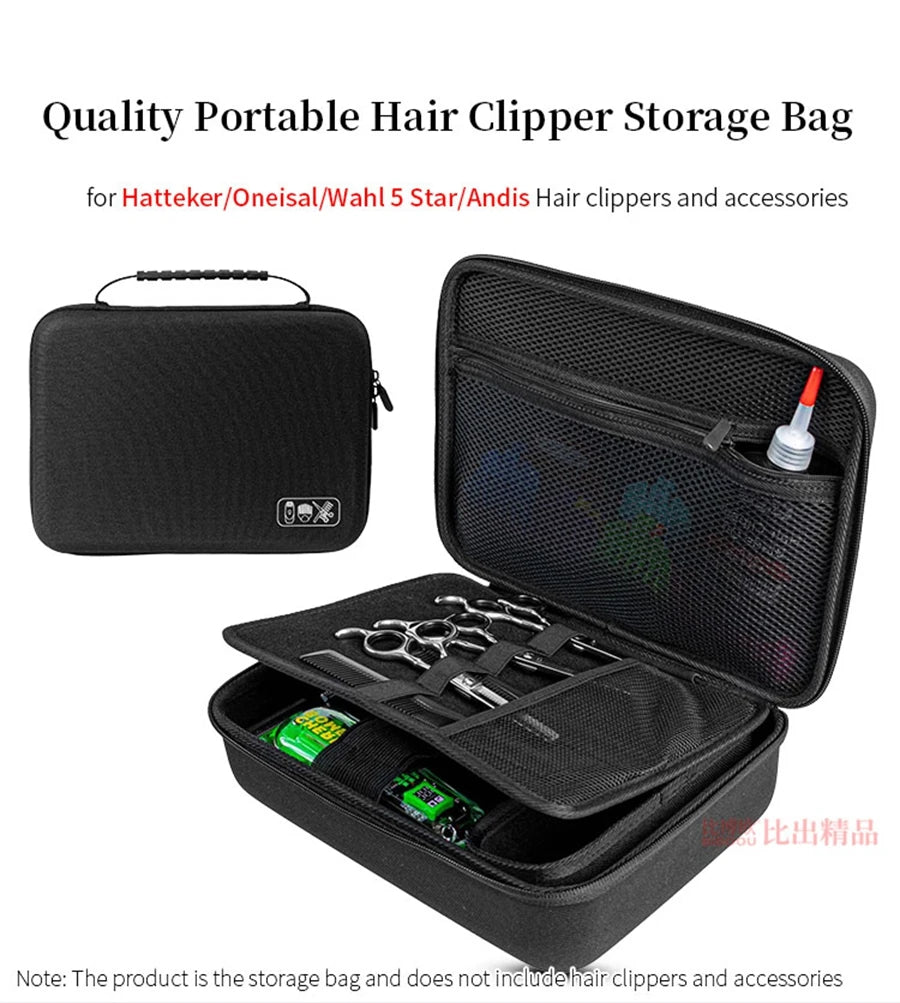 Black hard-shell storage bag for hair clippers and accessories, shown with an open compartment displaying tools.