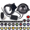 A black LED headlight with a remote control and various emotion and car logo modes displayed on the lens.
