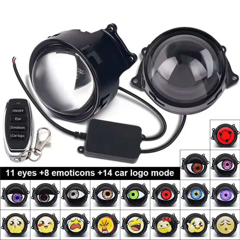A black LED headlight with a remote control and various emotion and car logo modes displayed on the lens.