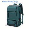 A teal travel backpack featuring hidden shoulder straps and a dedicated shoe storage compartment.
