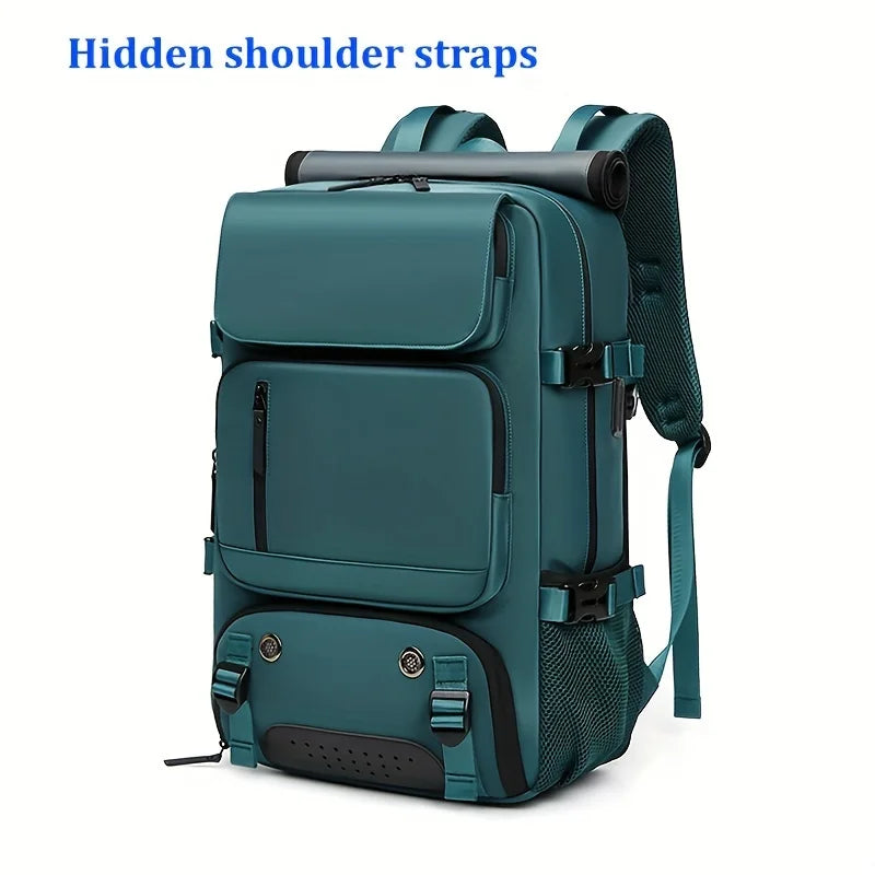A teal travel backpack featuring hidden shoulder straps and a dedicated shoe storage compartment.