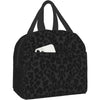 Black leopard print insulated lunch tote bag with shoulder straps