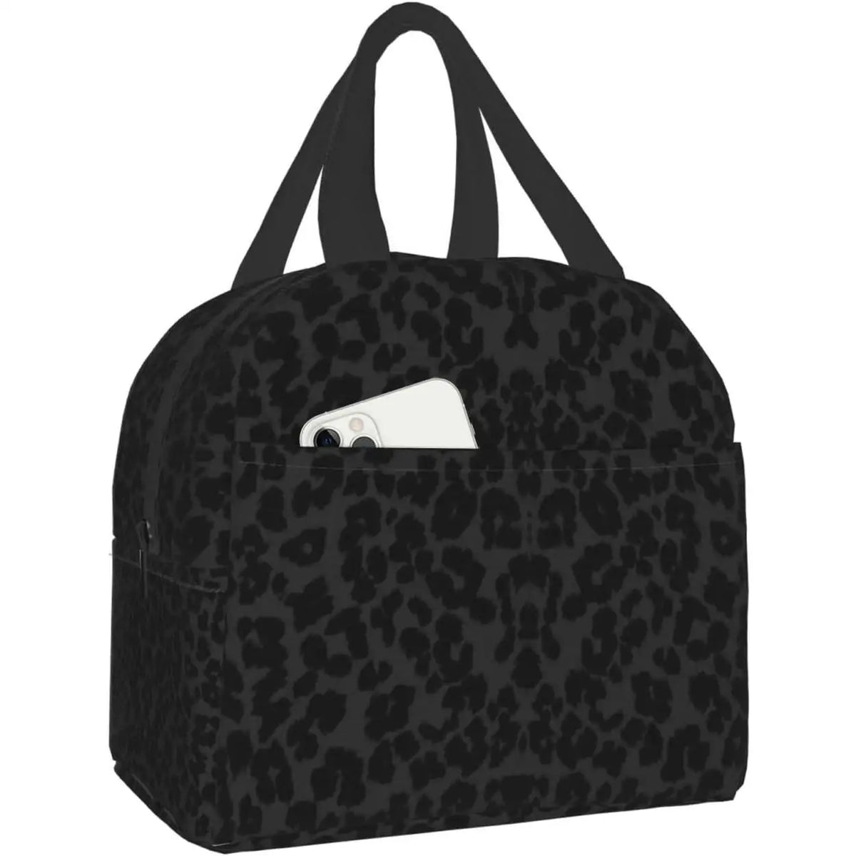 Black leopard print insulated lunch tote bag with shoulder straps