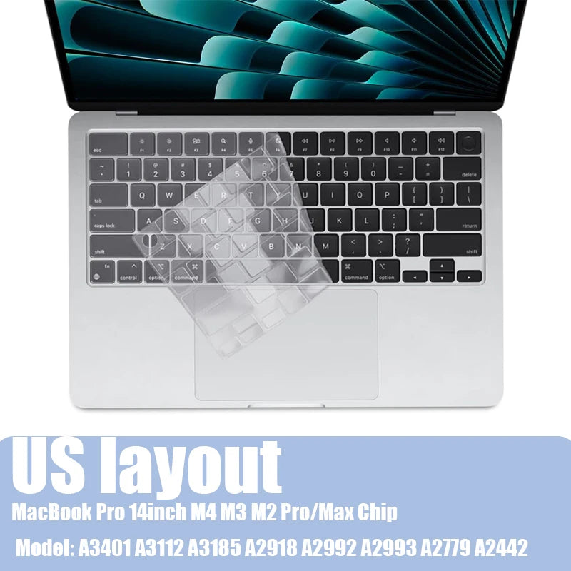 A white MacBook Pro laptop with a clear silicone keyboard cover displayed on a light gray background.