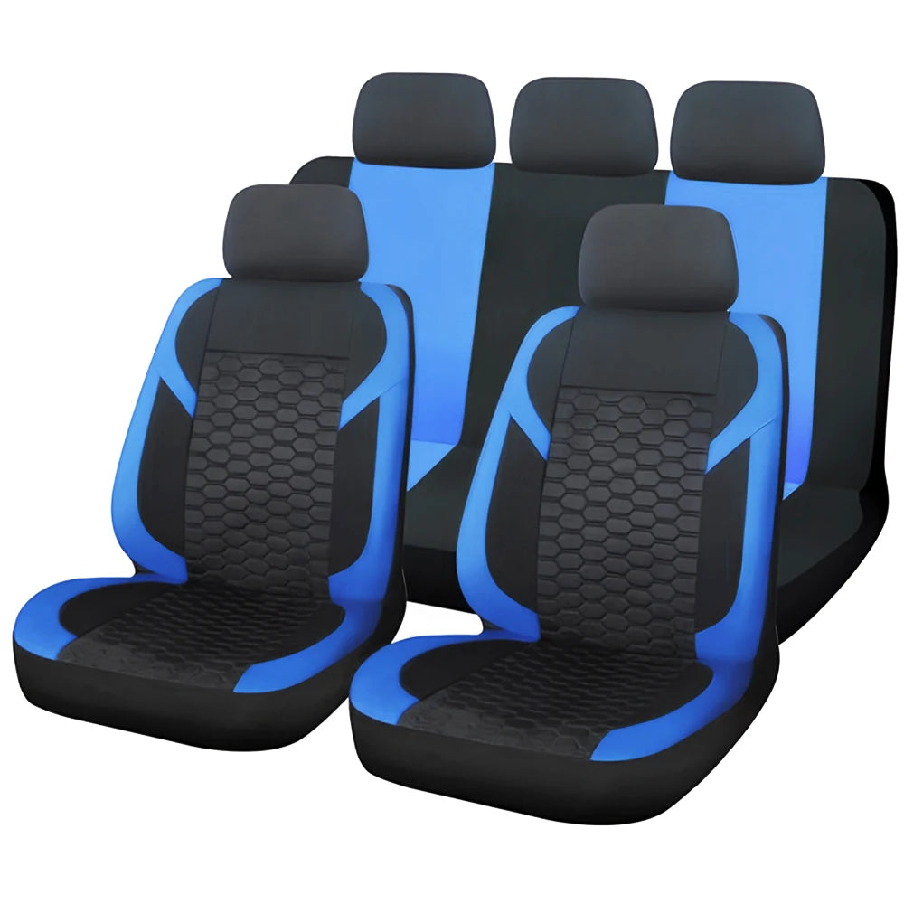 Black and blue honeycomb mesh car seat covers shown in a group.