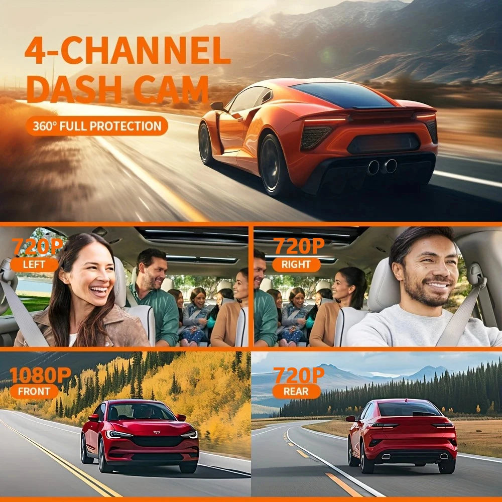 A 4-channel dash cam is shown recording a car driving on a road, with multiple camera views including front and rear.