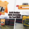 Drill holder with belt clip on tool belt showing various yellow and black tools.