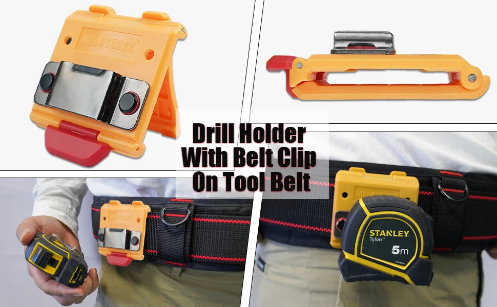 Drill holder with belt clip on tool belt showing various yellow and black tools.