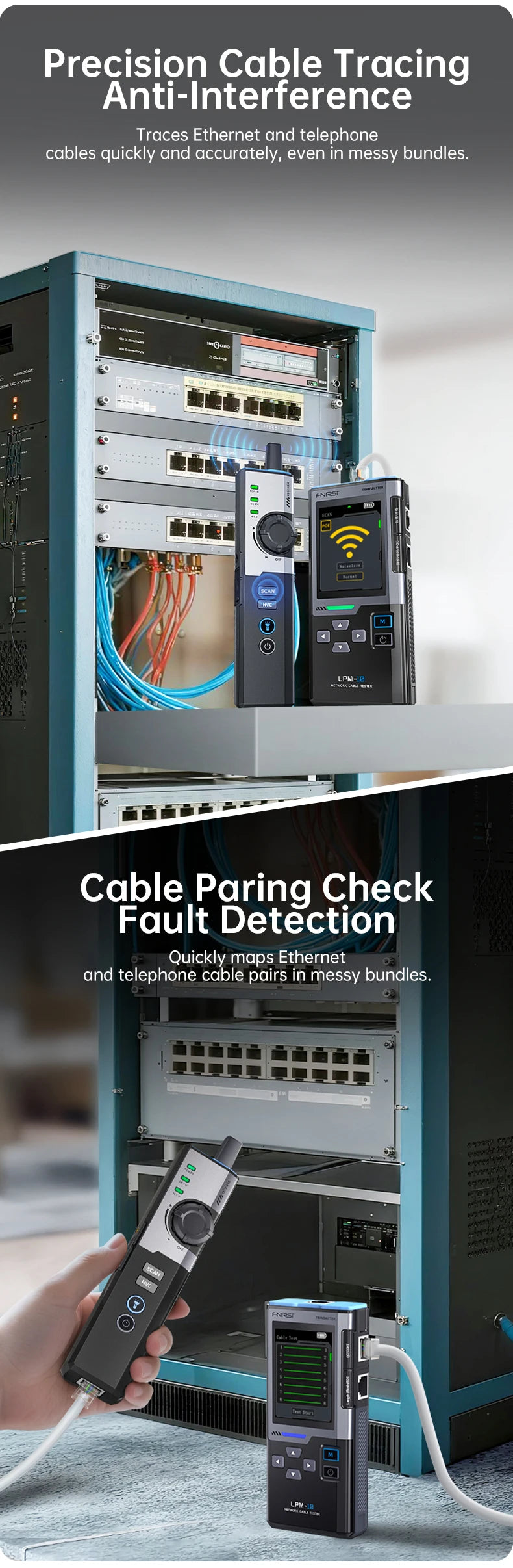 Multifunctional Network Cable Tester with Line Finder, PoE Detection & Port Flashing