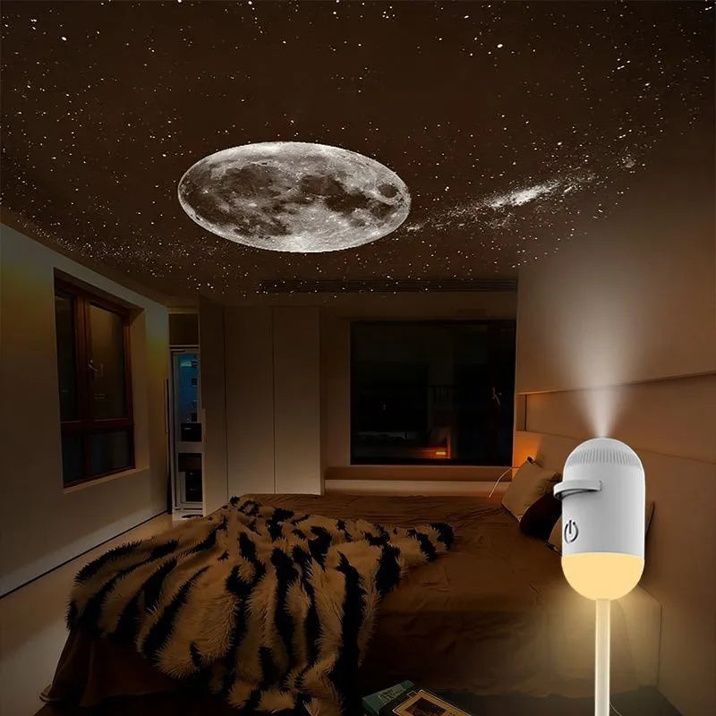 A white mini galaxy star projector night light is illuminated on a bedside table in a dark room.