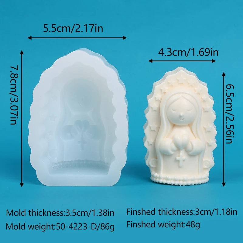 A white silicone mold shaped like a praying girl is shown next to its finished product.