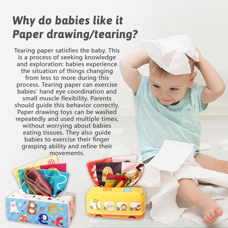 A baby is interacting with a sensory tissue box toy featuring crinkle scarves and various tissues.