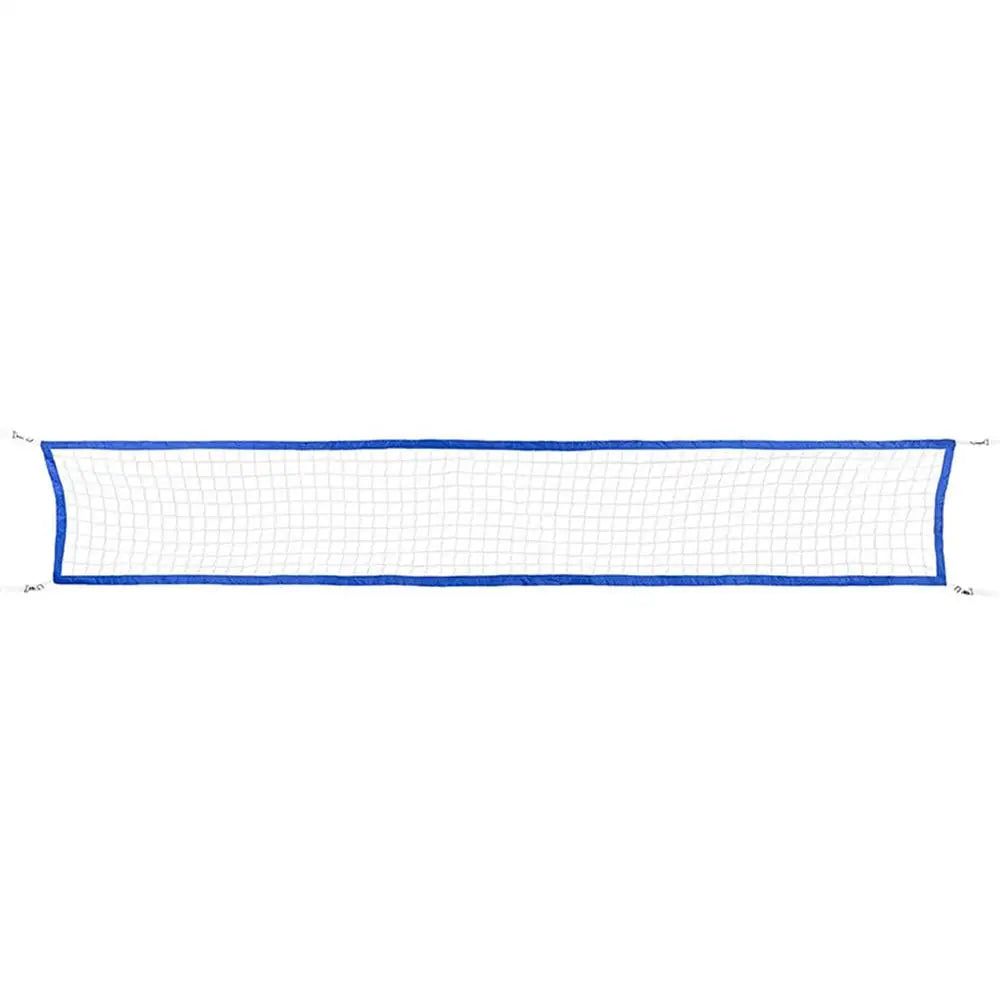 Una red de voleibol azul rectangular estirada horizontalmente contra un fondo blanco.