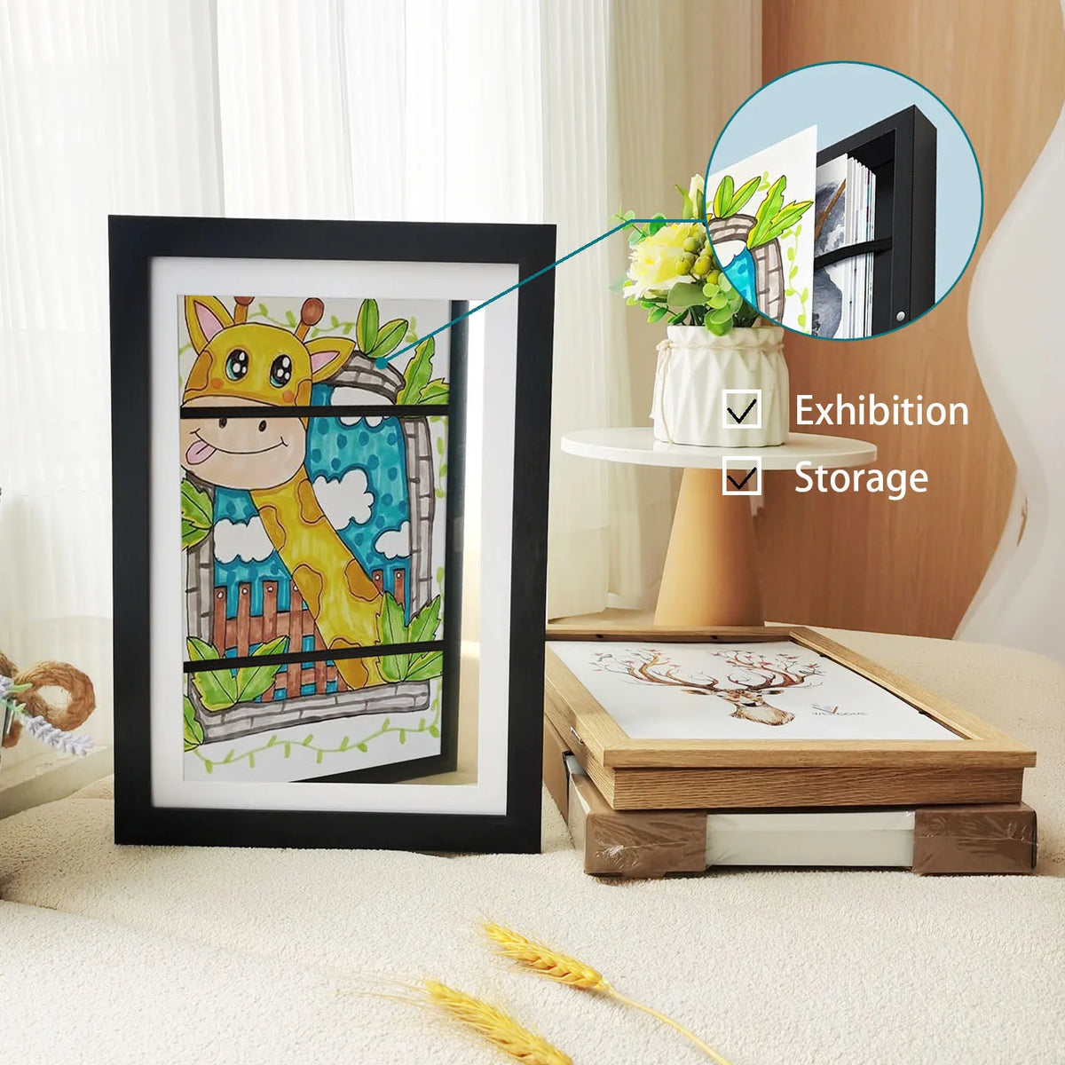 A black framed display featuring a giraffe inside a wooden cage, shown alongside options for exhibition and storage.