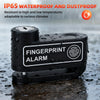A black fingerprint alarm disc brake lock is shown wet on a surface, emphasizing its waterproof and dustproof features.