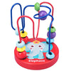 A wooden bead maze toy with colored rings and a central elephant figure for toddlers.