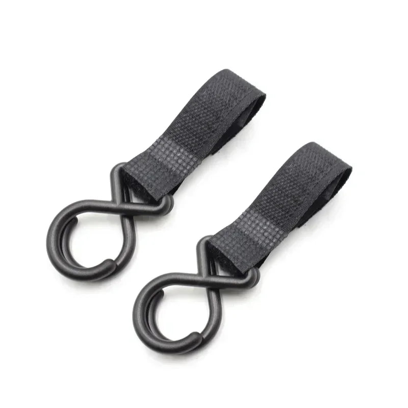 Black fabric hanging bag with metal clasps designed for stroller organization and insulated bottle holders