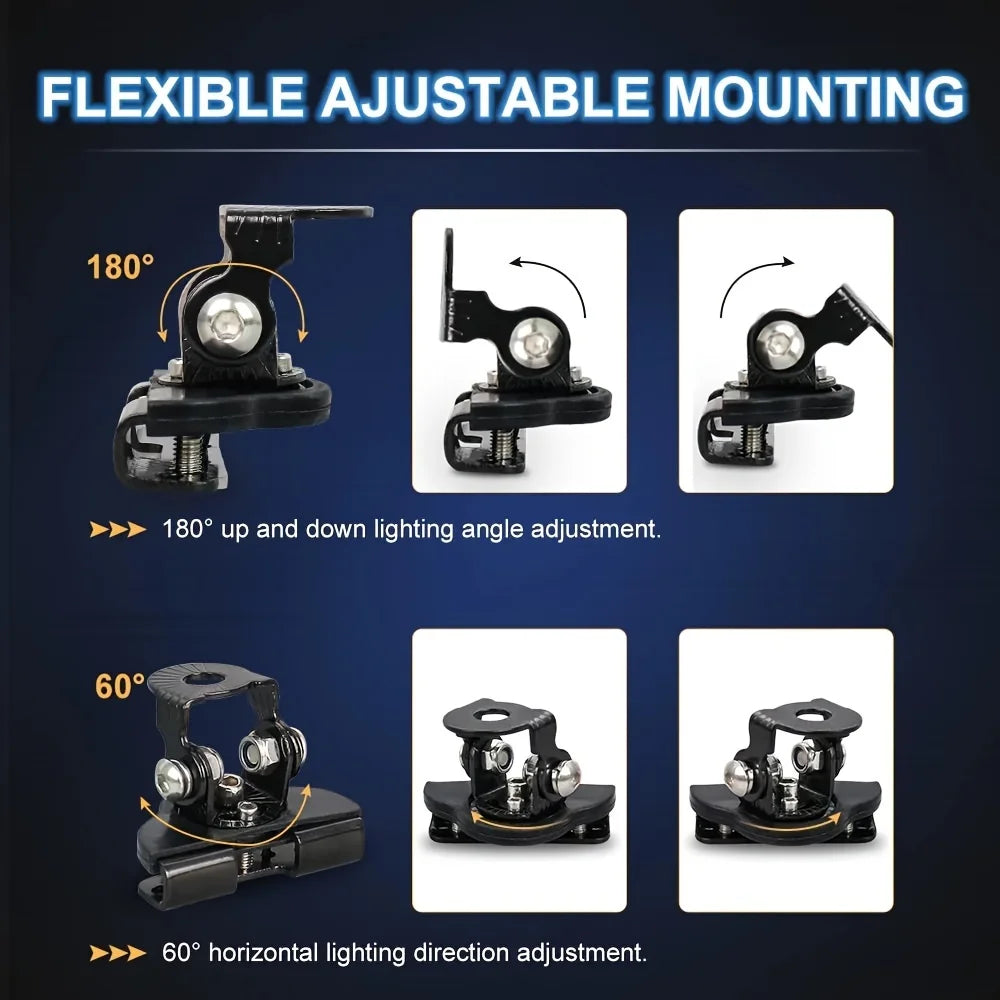 Flexible adjustable mounting brackets for LED work lights showing 180 degree up and down and 60 degree horizontal light direc